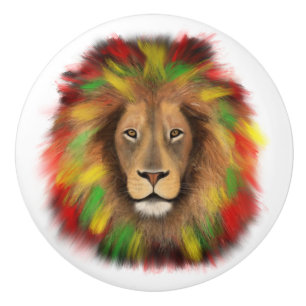 Bouton De Porte En Céramique Tête de lion rasta rouge jaune vert dessin Jamaïqu