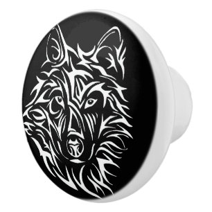 Bouton De Porte En Céramique Tête de loup blanc sur noir