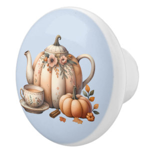 Bouton De Porte En Céramique Théière Citrouille avec Illustration Florale d'Aut