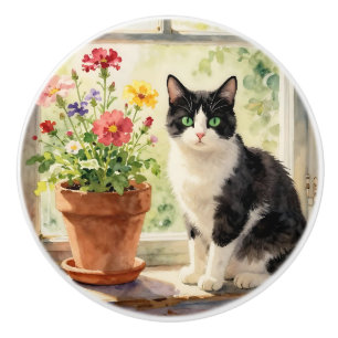 Bouton De Porte En Céramique Thème Chat et Fleur