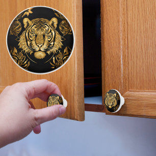 Bouton De Porte En Céramique Tigre d'or majestueux sur noir
