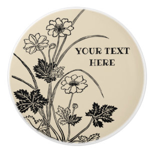 Bouton De Porte En Céramique Tirage en céramique floral beige et noir