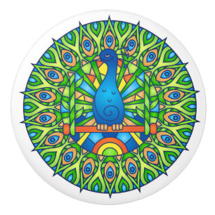 Bouton De Porte En Céramique Tirage en céramique mandala paon coloré