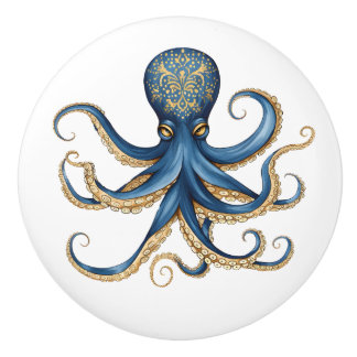 Bouton De Porte En Céramique Tiroir de cabinet pieuvre fantaisiste bleu et jaun