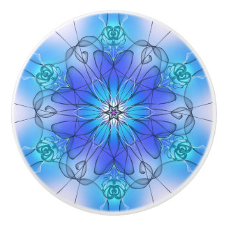 Bouton De Porte En Céramique Tiroir Fleur Effet Verre Bleu Teinté Meuble
