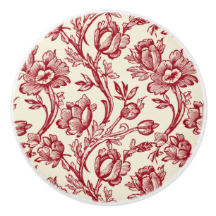 Bouton De Porte En Céramique Toile de tulipes rouge et crème - Décor champêtre 