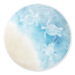 Bouton De Porte En Céramique Tortue Blanche Océan Aquarelle