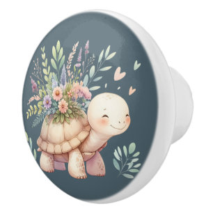 Bouton De Porte En Céramique Tortue de jardin de campagne à l'aquarelle