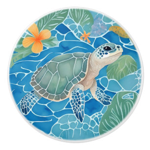 Bouton De Porte En Céramique Tortue de mer à droite face à la vie océanique Ble