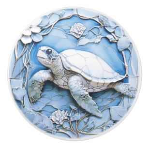 Bouton De Porte En Céramique Tortue de mer Art Nouveau Faux Relief Blue Ocean L