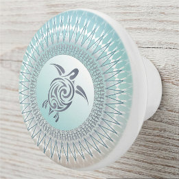 Bouton De Porte En Céramique Tortue de mer et mandala nautique