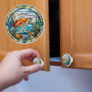 Bouton De Porte En Céramique Tortue de mer Faux Verre