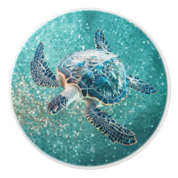 Bouton De Porte En Céramique Tortue de mer Turquoise | Côtier