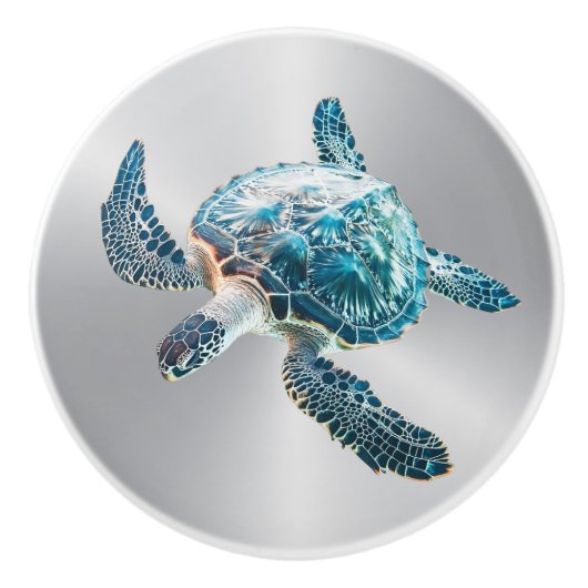 Bouton De Porte En Céramique Tortue de mer Turquoise | Côtier (Devant)