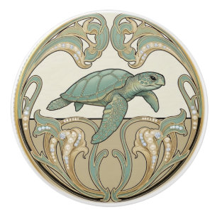 Bouton De Porte En Céramique Tortue de mer verte crème et or Art Déco Nouveau