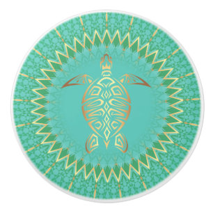 Bouton De Porte En Céramique Tortue dorée turquoise Mandala animal marin