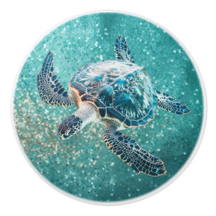 Bouton De Porte En Céramique Tortue marine turquoise scintillante Côtière