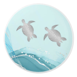 Bouton De Porte En Céramique Tortues argentées Fond d'encre bleue Côtes