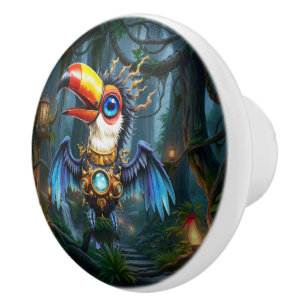 Bouton De Porte En Céramique Toucan Steampunk au Clair de Lune.