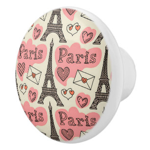 Bouton De Porte En Céramique Tour Eiffel de Paris accent cœurs romantiques
