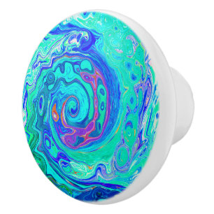 Bouton De Porte En Céramique Tourbillon Liquide Bleu et Vert Groovy Abstrait Oc