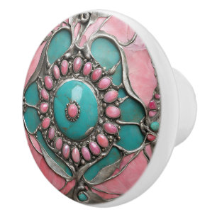Bouton De Porte En Céramique Tourmaline et turquoise ornées en argent