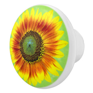 Bouton De Porte En Céramique Tournesol Bold Floral Jaune et Fleur verte