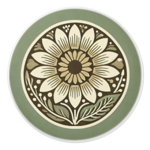 Bouton De Porte En Céramique Tournesol Cottage Coeur Crème ivoire Sage Vert