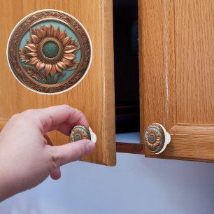 Bouton De Porte En Céramique Tournesol cuivre et turquoise