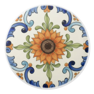 Bouton De Porte En Céramique Tournesol Fleur Méditerranéen Bleu Orange Crème