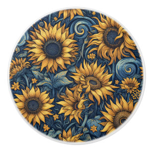 Bouton De Porte En Céramique Tournesols jaunes et bleus