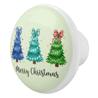 Bouton De Porte En Céramique Trio d'arbres de Noël joyeux