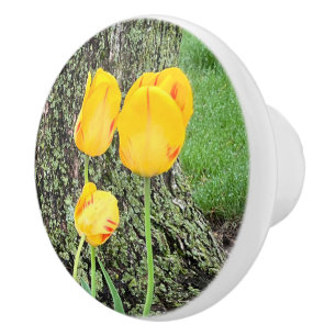 Bouton De Porte En Céramique Trois Tulipes Jaunes /