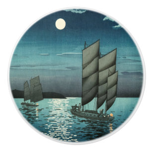 Bouton De Porte En Céramique Tsuchiya Koitsu - Bateaux à Shinagawa, Nuit