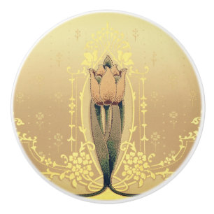 Bouton De Porte En Céramique Tulip floral Art nouveau rose et or élégant