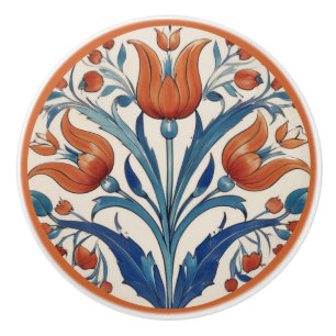 Bouton De Porte En Céramique Tulipes Turques Florales Orange Vert Iznik Fleurs