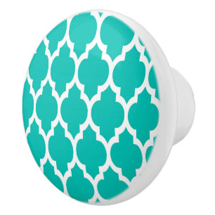 Bouton De Porte En Céramique Turquoise Blanc Marocain Quatrefoil Motif #4