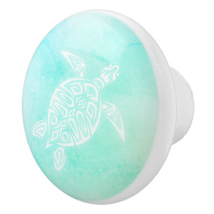 Bouton De Porte En Céramique Turquoise Blanc Tortue Côtière Maritime