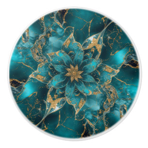Bouton De Porte En Céramique Turquoise Bleu Or Marbre Fleur Rêve Abstrait 