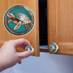 Bouton De Porte En Céramique Turquoise et cuivre encadrée Tortue de mer