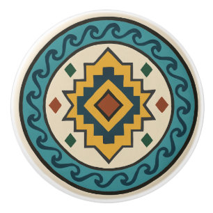 Bouton De Porte En Céramique Turquoise Gold Wave Diamond Zapotec Ceramic Knob