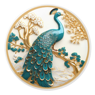 Bouton De Porte En Céramique Turquoise Peacock Gold Branche Fleurs blanches