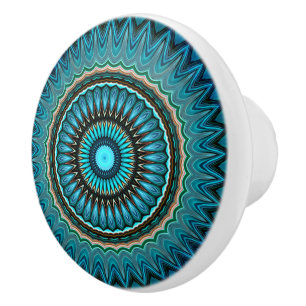 Bouton De Porte En Céramique Turquoise Vert Mandarin Mandala Rond Motif Étoilé