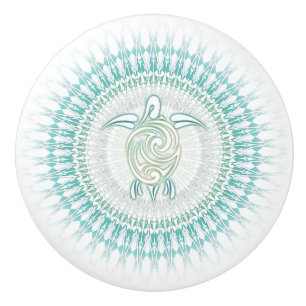 Bouton De Porte En Céramique Turquoise Vert Tortue Et Mandala Nautique