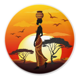 Bouton De Porte En Céramique Une belle femme africaine Silhouette sur les solei