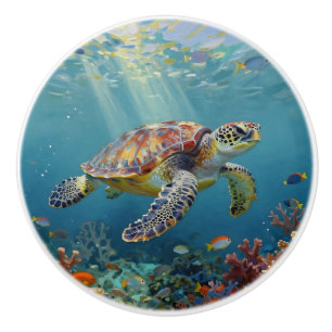 Bouton De Porte En Céramique Une Tortue de Mer et des Rayons de Soleil dans l'O