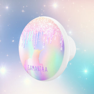 Bouton De Porte En Céramique Unicorn parties scintillant arc-en-ciel goutte fil