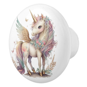 Bouton De Porte En Céramique Unicorn Pegasus Imaginaire Pastel Rose Bleu