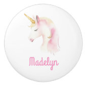 Bouton De Porte En Céramique Unicorn rose blanc nom (Devant)