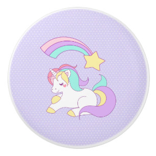 Bouton De Porte En Céramique Unicorne dormant mignon avec étoile de tir colorée